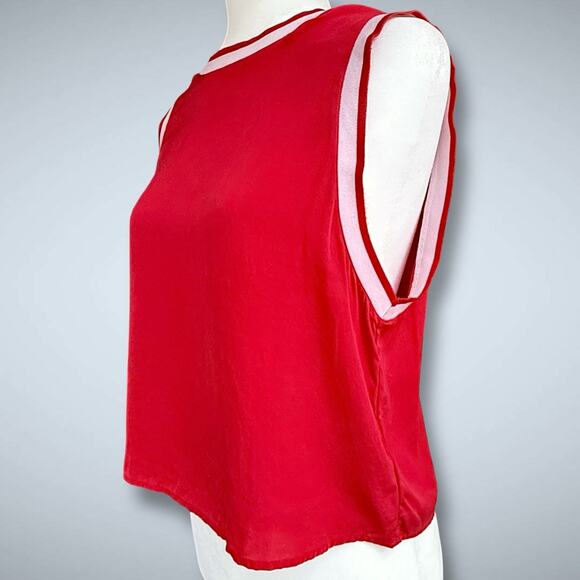Theory Bonda Silk Tank Top Red White Trim Sleeveless Knit Collar Quiet Luxury M - Picture 1 of 13